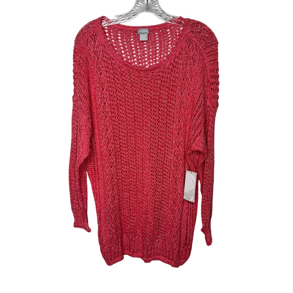 Chico’s Open Stitch Pullover Sweater Coral Pink 3 XL Lightweight Knit Boho Beach